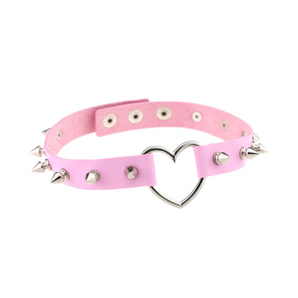 Touch of Fur Pink Soft Leather Heart Adjustable Collar with Spikes